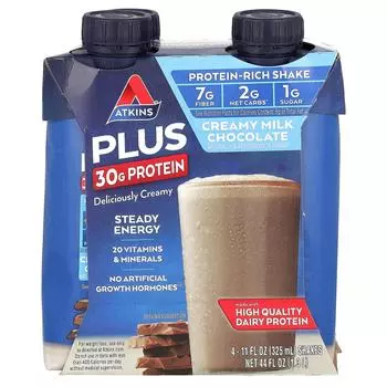 Atkins, Plus Protein Rich Shake, сливочный молочный шоколад, 4 коктейля, 11 жидких унций (325 мл) Каждый