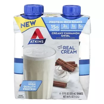 Atkins, Protein-Rich Shakes, Creamy Cinnamon Swirl, 4 коктейля, 11 жидких унций (325 мл) Каждый