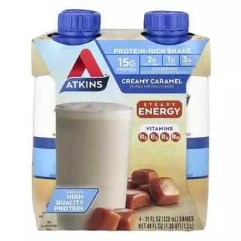 Atkins, Protein Rich Shakes, сливочно-карамельный, 4 коктейля, 11 жидких унций (325 мл) Каждый