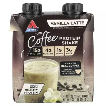 Atkins, Протеиновый коктейль со льдом и кофе, ванильный латте, 4 коктейля, 11 жидких унций (325 мл) каждый