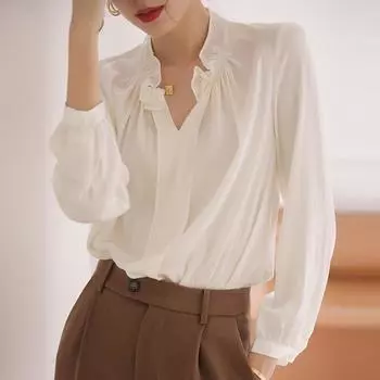 Атласная белая рубашка с длинным рукавом, женская винтажная мода 2023, свободная шелковая блузка, повседневная плиссированная рубашка с длинным рукавом с v-образным вырезом, топы 26988 S белый