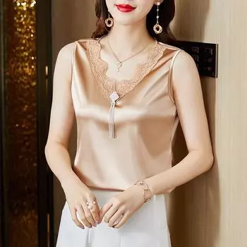 Атласная блузка без рукавов, летняя блузка с кисточками, женский жилет с v-образным вырезом, однотонный женский шелковый атласный топ без рукавов с v-образным вырезом, женский элегантный 19135 M орион