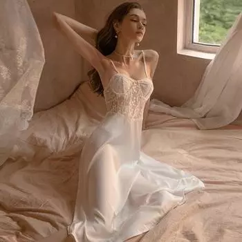 Атласная длинная женская ночная рубашка + брючный костюм, кружевная сексуальная ночная рубашка L чёрный