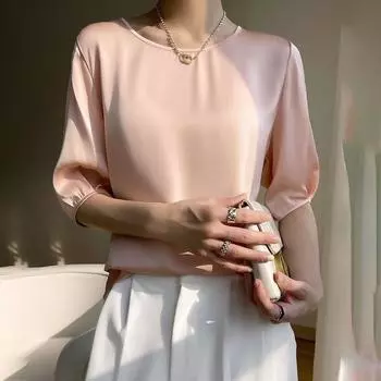 Атласная футболка с рукавом три четверти Весна/Лето Свободная Тонкая Шелковая Pink 4XL