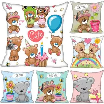 Атласная наволочка с изображением мультяшного медведя для домашнего декора, потайная молния 40x40cm