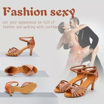 Модные туфли для латинских танцев Атласная обувь для сальсы и латинских танцев Женская обувь для бальных танцев со стразами Румба Бальные танцы 34 чёрный