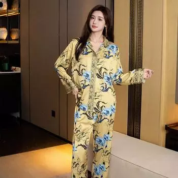 Атласная пижама для женщин весна-осень брюки с длинными рукавами в китайском стиле с принтом удобная домашняя пижама комплект M