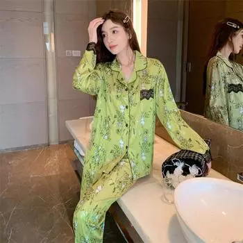 Атласная пижама, кружевная пижама с принтом, домашняя одежда в стиле «милая принцесса», комплекты с кардиганом с отворотом, весенние и осенние пижамы M зелёный