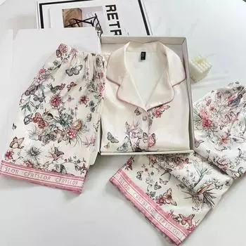 Атласная рубашка с коротким рукавом, брюки и шорты, домашняя одежда, женский комплект из 3 предметов, пижамный комплект с принтом «бабочка-цветок», пижамный костюм, одежда для отдыха M