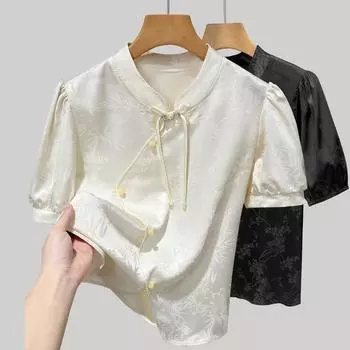 Атласная рубашка с короткими рукавами для женщин, летняя новая женская одежда в китайском стиле, новый китайский топ с воротником-стойкой и пуговицами S
