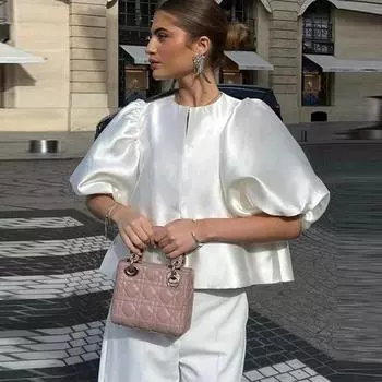 Атласная рубашка с рукавами-фонариками, женская элегантная белая короткая свободная рубашка с оборками и круглым вырезом, женская рубашка 2024 года, весна-лето, модные женские топы S розовый