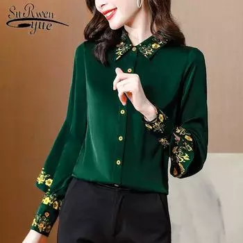 Атласная шелковая рубашка Женские модные топы с пышными рукавами и цветочной вышивкой Женская блузка на пуговицах Шикарная женская одежда Blusas 22261 S зелёный