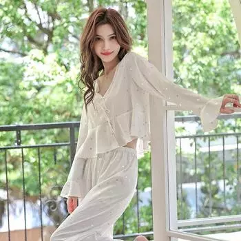 Атласная женская пижама с принтом, длинный рукав, весна-осень, женская пижама, роскошный шелковый пижамный комплект из 2 предметов для женщин M белый
