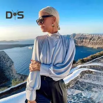 Атласная женская рубашка с полувысоким воротником-фонариком и длинным рукавом, однотонный пуловер, повседневная блузка для поездок на работу S серый