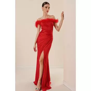 Атласное длинное платье Madonna с воротником и плиссировкой спереди на подкладке с перьями и разрезом