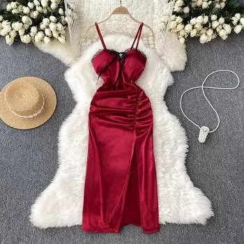 Атласное кружево с рюшами, темпераментное тонкое сексуальное платье с глубоким вырезом и бретелькой на шее, с открытой талией и высокой талией.