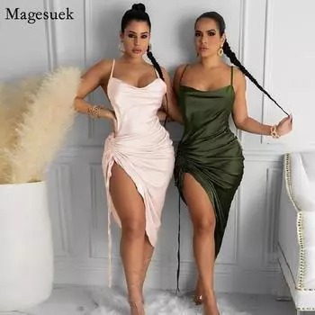 Атласное летнее платье, женское платье на бретельках с открытой спиной, длинные платья с вырезом на шнуровке для женщин, вечерние сексуальные платья 20014 XS бежевый