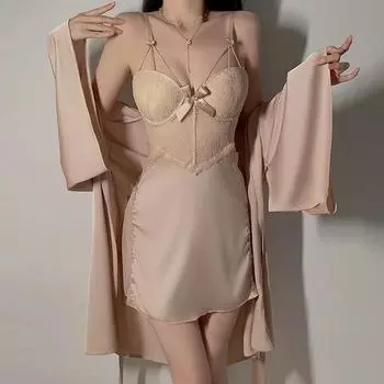Атласное нижнее белье Женский пижамный комплект Платье с открытой спиной на подтяжках с бюстгальтером Женская сексуальная пижама M