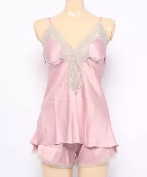 Атласное ночное белье для женщин Babydoll Camisole Shorts Roomwear L Pink [Aimoha] Set-up Set-up розовый