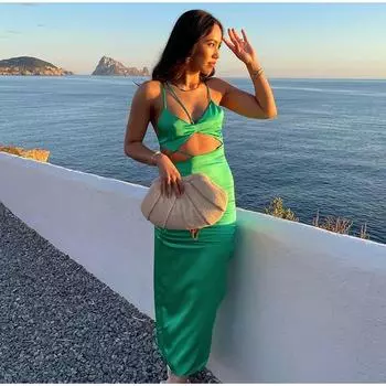 Атласное платье-комбинация, женские платья с вырезом по бокам, женские летние элегантные облегающие платья с открытой спиной, женские платья S зелёный