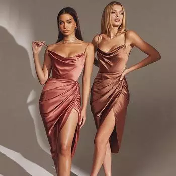 Атласное платье миди, женское платье с рюшами на бретелях, корсет с открытой спиной, облегающее платье с открытыми плечами, элегантная вечерняя клубная одежда S коричневый