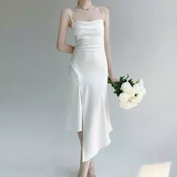 Атласное платье на подтяжках для женщин, летнее сексуальное вечернее платье для клуба, элегантная модная женская одежда, белое, черное S чёрный