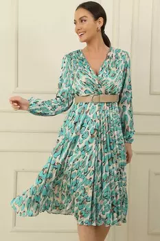 Атласное платье с двубортным воротником и поясом на подкладке с узором