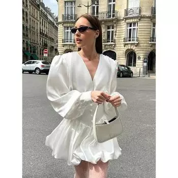Атласное платье с V-образным вырезом, женское, белое, с высокой талией, элегантное, А-силуэтное, с длинным рукавом-фонариком, роскошный стиль, офисная леди, новая мода S белый