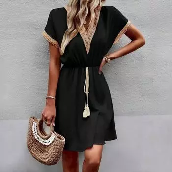 Атласное платье весна-лето кружево бэтмен талия повседневные платья S чёрный