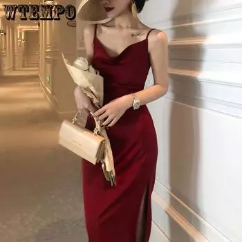 Атласное платье женское французское шелковое красное платье на подтяжках в стиле ретро женское весенне-летнее платье длинное сплошное сексуальное платье S чёрный