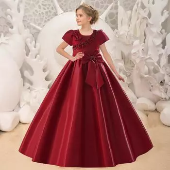 Атласное праздничное платье с бантом для девочек, элегантное розовое платье подружки невесты с короткими рукавами, детское платье принцессы для девочек, вечернее платье для дня рождения, выпускного вечера, платье 120CM шампанского