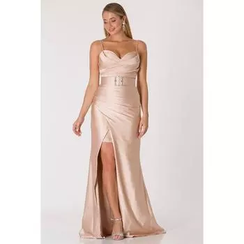 Атласное Вечернее Платье С Драпированным Разрезом Бежевое