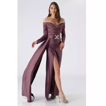 Атласное вечернее платье с длинными рукавами и воротником без бретелек Коричневое SMA