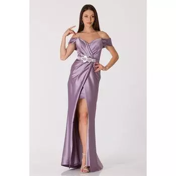 Атласное вечернее платье с двубортным вырезом и разрезом Лаванда