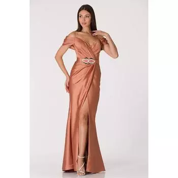Атласное вечернее платье с двубортным вырезом и разрезом Cinnamon