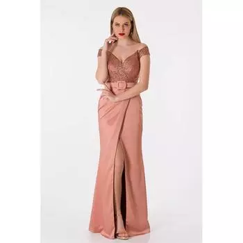 Атласное вечернее платье с запахом и вышивкой Cinnamon Marlene