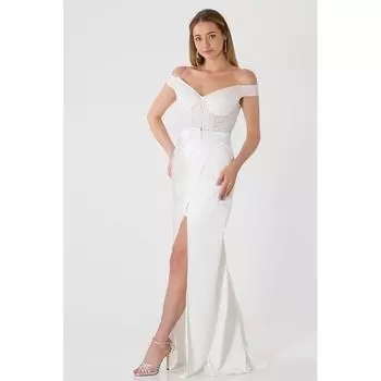 Атласное вечернее платье с запахом и вышивкой Кремовый Marlene