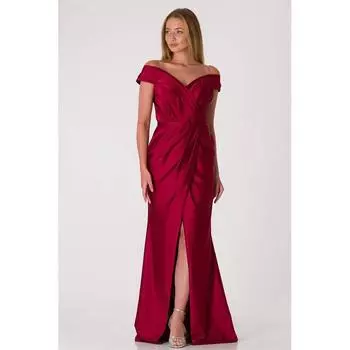 Атласное вечернее платье с запахом и драпировкой Бордово-красное