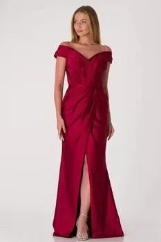 Атласное вечернее платье с запахом и драпировкой Бордово-красное