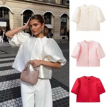 Атласные элегантные рубашки, женские белые фонарики с коротким рукавом и круглым вырезом, свободные женские блузки, весенне-летние женские топы, шикарная уличная одежда XS белый