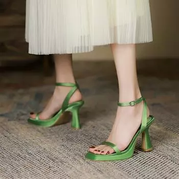 Атласные босоножки на высоком каблуке, новые летние туфли на высоком каблуке с квадратным носком, на толстом каблуке, сандалии с пряжкой и ремешком для женщин 34 зелёный