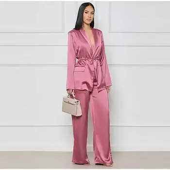 Атласные брюки на завязках, женский костюм с длинным рукавом и карманом, блузка с широкими брюками, комплект, весенний повседневный наряд S розовый