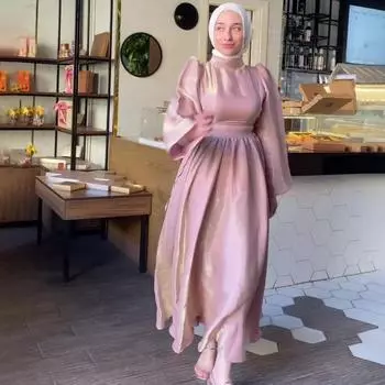 Атласные длинные платья с рукавами-фонариками и длинными рукавами с тонкими завязками S розовый