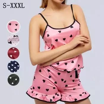 Атласные летние топы на бретельках в форме сердца, женские короткие штаны с разрезом, пижамный комплект XXXL