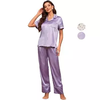 Атласные пижамы для женщин, имитация шелка, топ с короткими рукавами, длинные брюки, двухсекционные спальные костюмы, летняя повседневная домашняя одежда, одежда для ночного отдыха S фиолетовый