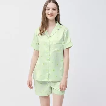 Атласные пижамы GU by Uniqlo, шорты с короткими рукавами, киви