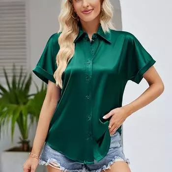 Атласные повседневные рубашки с коротким рукавом на пуговицах для женщин, лето 2023, элегантная свободная женская блузка, модные офисные женские топы Mujer 26143 S орион
