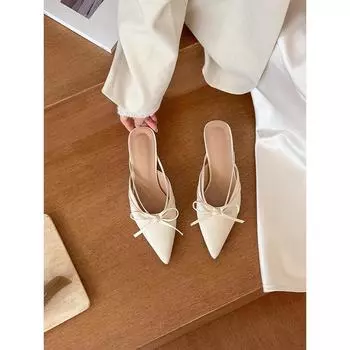 Атласные тапочки с бантом в стиле феи, женские, 2025 г., французский темперамент, одна педаль с юбкой, сандалии 35 фиолетовый