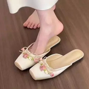 Атласные тапочки с цветочным принтом женские летние 2024 года, нескользящие, повседневные, удобные, легкие, модные, сандалии в этническом стиле, плоские, с цветочным принтом, туфли-мюли 35 розовый