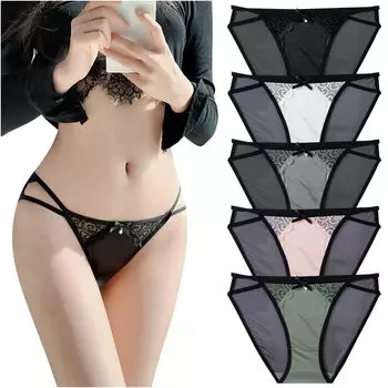 Атласные трусики с полной спинкой с лентой Сексуальные эластичные трусики Кружевные Обычные Милые Стильные [HINICE] Женские хипстеры Набор из 5 штук (Размер L)